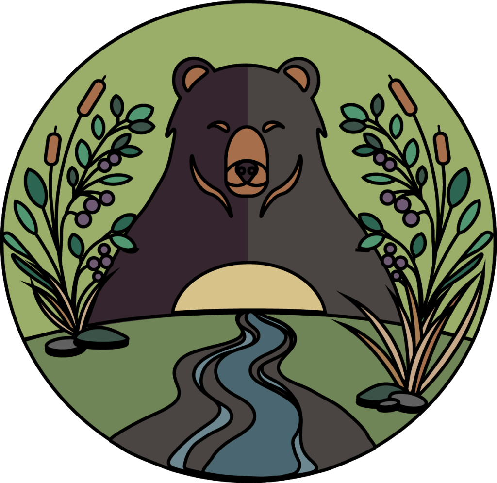 Illustrated bear behind a flowing river